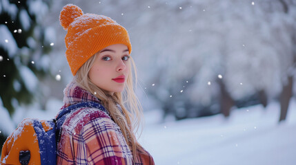 Poster - Young Lady Walking Alone in the Snow