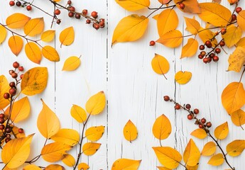 Wall Mural - autumn leaves and berries on white wood tabletop