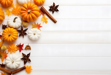 Wall Mural - autumn pumpkin & corn border on white wood