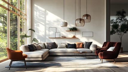 Cozy and inviting modern living room with a large comfortable sectional sofa minimalist stylish decor mid century modern armchairs and pendant lighting