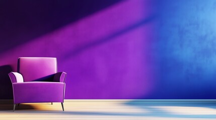 Wall Mural - A Vibrant Purple Armchair Against a Striking Blue Wall Background