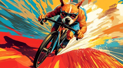 Dog in a cycling race, pedaling fast on a vibrant race track, dynamic cartoon style