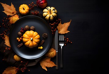 Poster - Autumn Table Setting With Pumpkin And Leaves