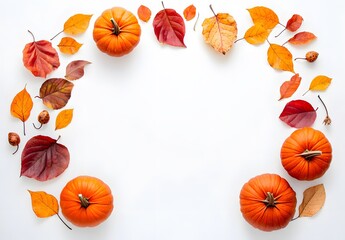 Wall Mural - autumn pumpkin leaf frame white background