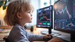 © Sasint - A child pretending to manage a cryptocurrency portfolio, using toy computers and charts,