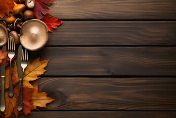Wall Mural - autumnal wooden background with leaves, mushrooms, and cutlery