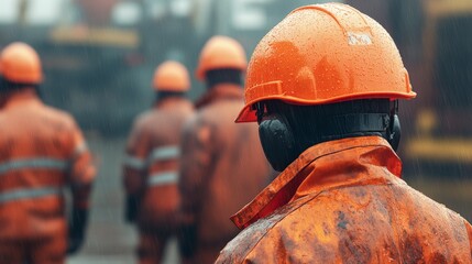 Construction Workers in Safety Gear on a Rainy Day