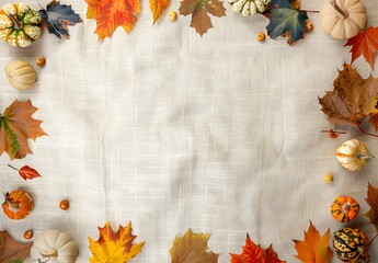 Wall Mural - beige linen background with fall leaves & pumpkins