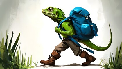 Wall Mural - Playful green lizard character in blue backpack and boots walking on two legs against a clean white backdrop