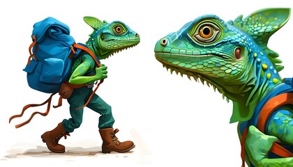 Wall Mural - Playful green lizard character in blue backpack and boots walking on two legs against a clean white backdrop