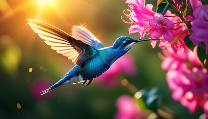 Wall Mural - Graceful blue hummingbird dances among vibrant pink blossoms under warm sunlight, embodying the beauty of spring in a blooming garden