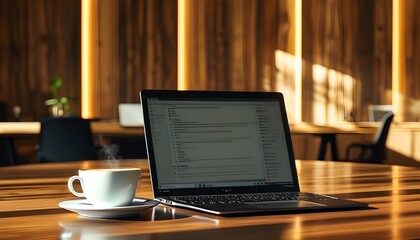 Wall Mural - Elegant coffee cup on a meeting table with a laptop, showcasing a warm wooden backdrop illuminated by sunlight and modern office lighting