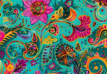 Vibrant Floral Batik Pattern on Teal Background