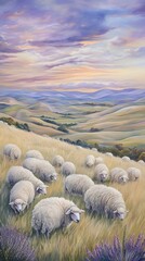 Wall Mural - Landscape with Sheep in Nature, Painting, Drawing, Abstract Image, Texture, Pattern Background, Wallpaper, Cover and Screen for Smartphone, PC, Laptop, 9:16 and 16:9 Format