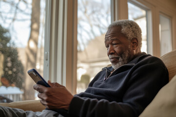 Smiling senior man is sitting on a couch by the window, using a smartphone