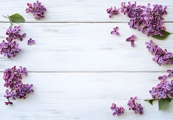 Wall Mural - lilac flowers frame on white wooden background
