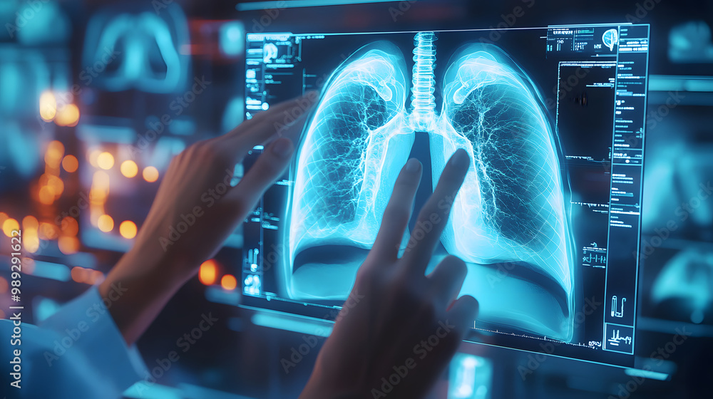Person, hands and medical xray of lungs for asthma, cancer or ...