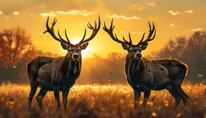 Wall Mural - Serene autumn field showcasing two deer, one adorned with majestic antlers, beneath a golden sunset sky enveloped in vibrant colors.