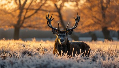 Majestic deer with expansive antlers in a frosty autumn field bathed in golden light, capturing the tranquility of natures beauty.