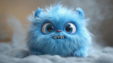 whimsical 3d render of adorable blue monster with fluffy fur and expressive eyes playful pose against pastel background charming details like tiny horns or oversized teeth add personality