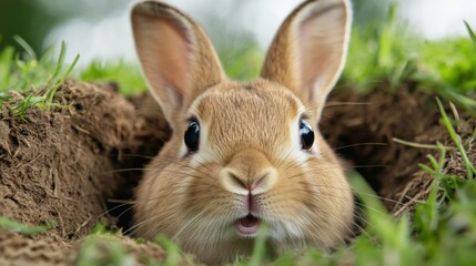 Canvas Print - A rabbit peeking out of a hole in the ground, AI