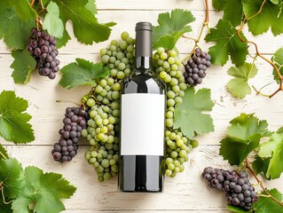 Wine bottle with blank label surrounded by grapes and vine leaves, natural light, ideal for organic and farmtotable branding