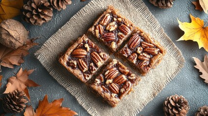 Wall Mural - A delicious pecan pie bar on a textured surface surrounded by autumn leaves and pinecones.