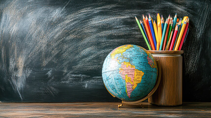 A globe sits on a desk next to a pencil holder