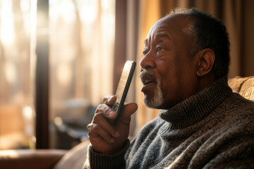 Senior man is sitting on a couch and using a voice assistant on his mobile phone