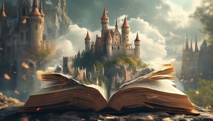 Fantasy realm emerging from an open book with a castle illustration, showcasing the magic of imagination through generative AI artistry