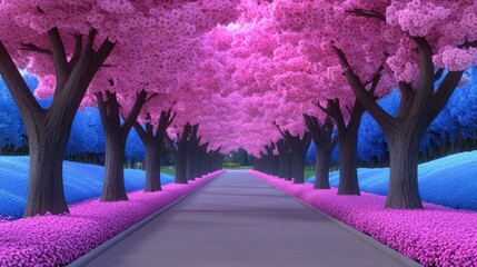 Sticker - A long road with trees and flowers on both sides, AI