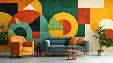 A modern living room featuring geometric wall art and stylish furniture.