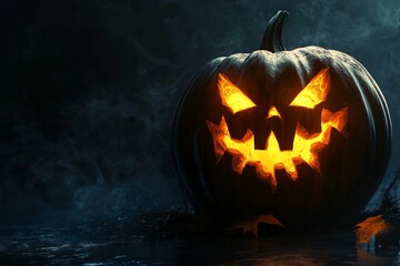 A Halloween pumpkin with a glowing face against a dark background, a Halloween wallpaper