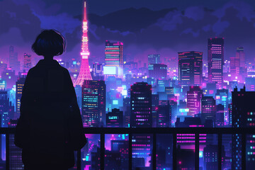 Silhouette of a person looking at a brightly lit urban cityscape with a neon pink and blue glow. Illustration of a megacity at night.