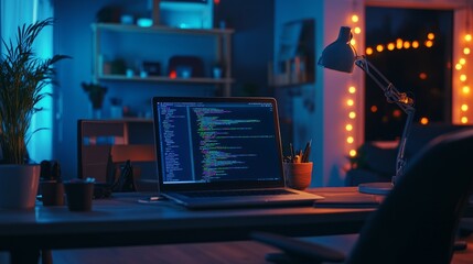 man working from home at night, home office concept
