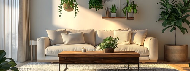 Wall Mural - Cozy and inviting modern living room with an overstuffed sofa rustic wood coffee table and lush hanging plants bathed in a bright ambient illumination for a relaxing and harmonious atmosphere