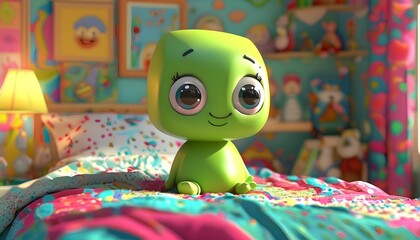 Wall Mural - Joyful 3D character with large eyes in a vibrant childrens room, sitting on a bright bed, creating an inviting and cheerful atmosphere for childrens media