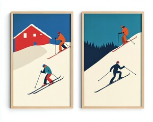 A set of two posters with  skiers on the snow and people skiing down a hill.