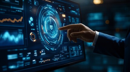 hand pointing at a futuristic glowing interface.