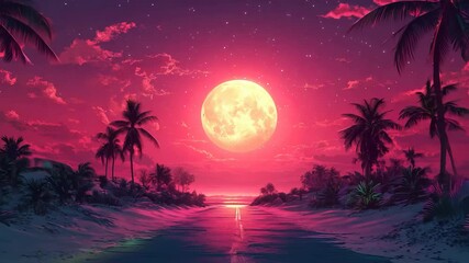 Canvas Print - a beautiful pink and purple sunset with a large moon in the sky. the moon is positioned above a road