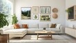 © Boss Architectura  - Bright and airy open concept living room showcasing a spacious neutral colored linen upholstered sectional mid century inspired low profile furniture and a gallery wall of nature inspired photography