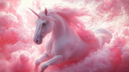 Wall Mural - whimsical unicorn with flowing mane riding cotton candy cloud pastel sky backdrop sparkles and rainbows dreamy atmosphere soft ethereal lighting