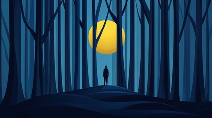 Sticker - A person standing in a forest at night with the sun shining, AI