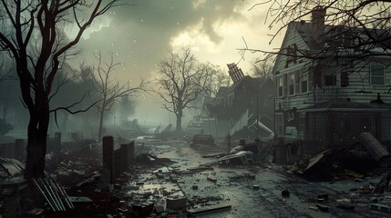 Poster - Apocalyptic Landscape: A Ruined Suburb After a Disaster