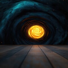 Wall Mural - swirling galaxy tunnel with wooden floor perspective
