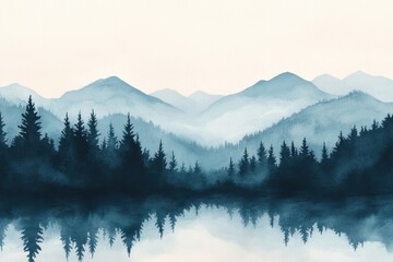 Wall Mural - Tranquil Watercolor and Ink Illustration of Ethereal Landscapes with Serene Elements