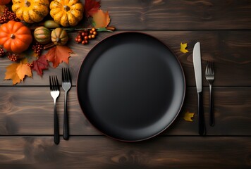 Wall Mural - autumn table setting with black plate and pumpkins
