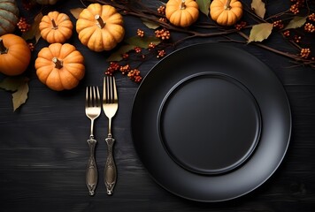 Wall Mural - autumnal table setting with black plate and cutlery