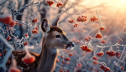 Sticker - Serene winter landscape featuring a curious deer among frosted red berries illuminated by warm light