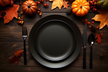 Wall Mural - autumn table setting with black plate and cutlery
